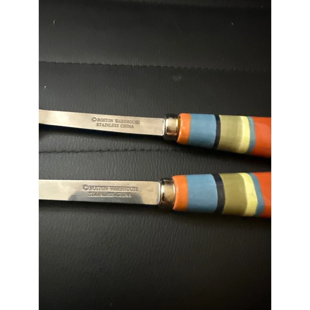 Boston Warehouse Stainless Steel Salad Server Set Striped Ceramic Handles 2pc